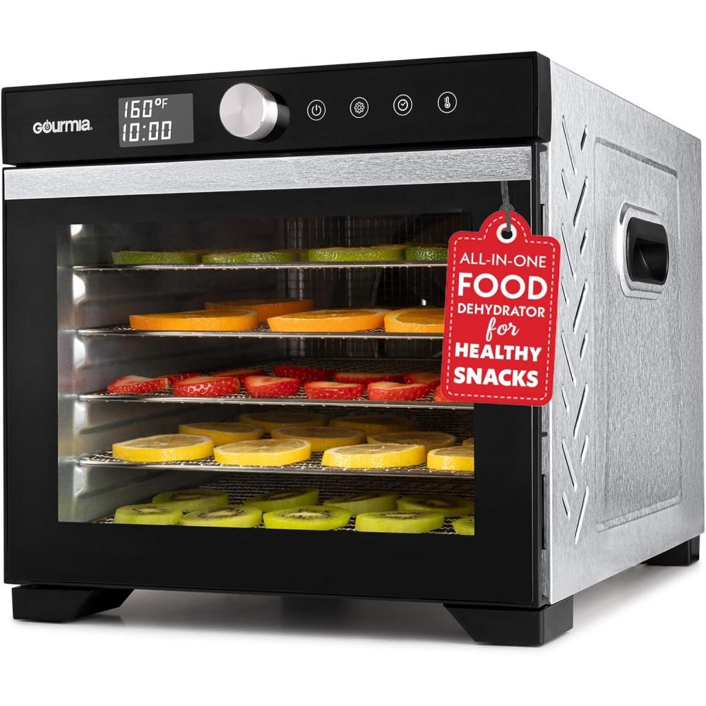 Gourmia Digital Food Dehydrator – 6 Stainless Steel Trays, 360° Airflow, One-Touch Presets, Adjustable Temp 95–165°F, Timer, Glass Door, Quiet Operation, 600W – Healthy Snacks, Jerky, Fruits & More