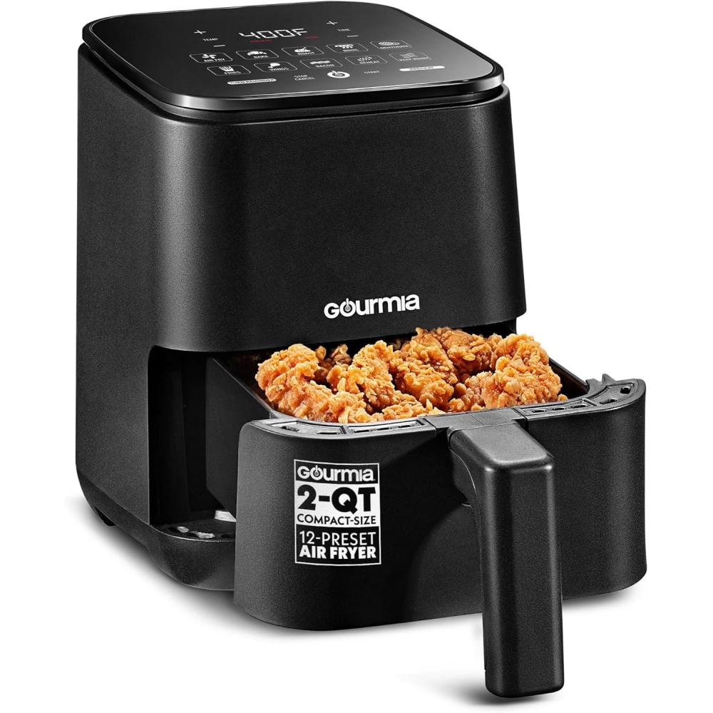 Gourmia Air Fryer – 2 Qt Capacity, FryForce 360, Digital Display with 8 Presets, Bake, Broil, Dehydrate, Reheat, Dishwasher Safe Accessories, Black