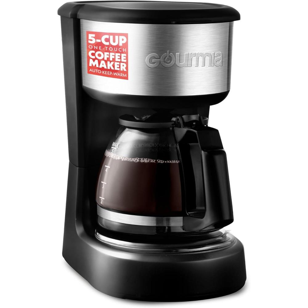 Gourmia Coffee Maker – 5 Cup, One-Touch Brew, Pause & Serve, Automatic Keep Warm, Stainless Steel Accents, Black