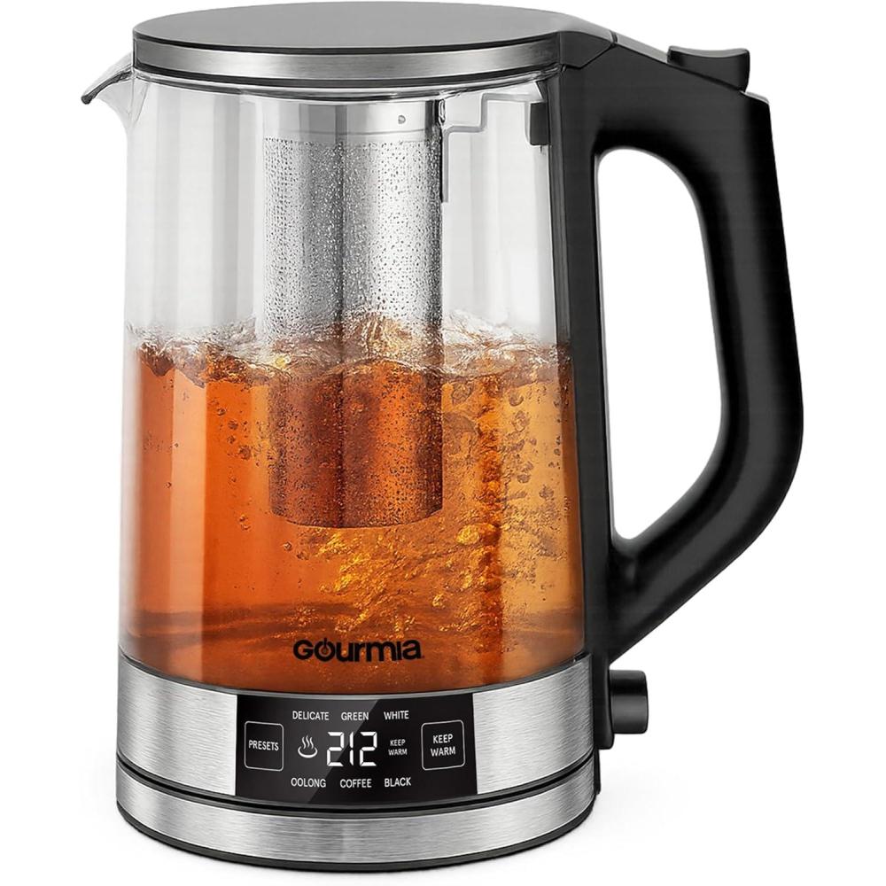 Gourmia Programmable Digital Glass Kettle – 1.7L Adjustable Temperature Electric Kettle with 6 Presets, Keep Warm, Stainless Steel Tea Infuser, 360° Swivel Base, Black