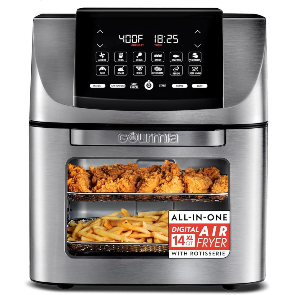 Gourmia Air Fryer – 14 Qt All-in-One Oven with Rotisserie, Digital Display with 12 Presets, Roast, Bake, Broil, Dehydrate, Dishwasher Safe Accessories, Black(Silver)