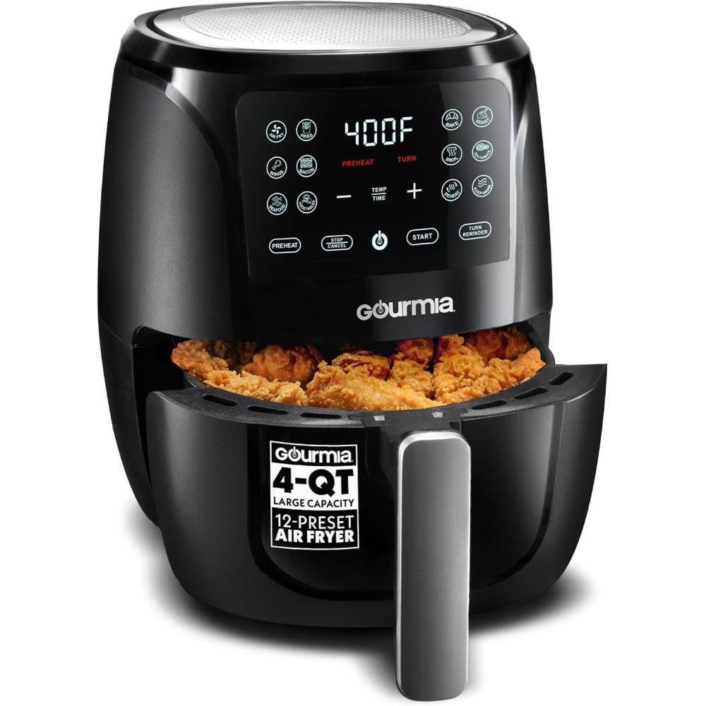 Gourmia Air Fryer – 4 Qt Capacity, FryForce360º, Digital Display with 8 Presets, Roast, Bake, Broil, Dehydrate, Dishwasher Safe Accessories, Compact, Black(Black)