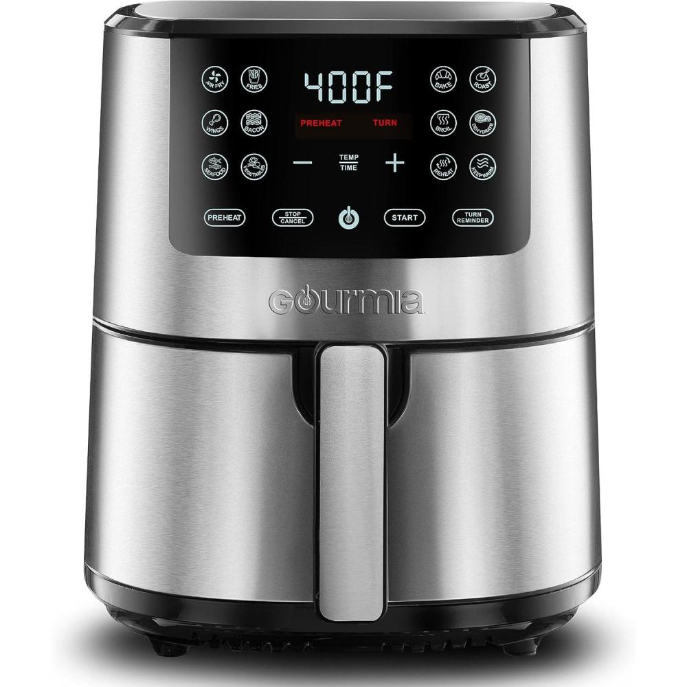Gourmia Air Fryer – 7 Qt Large Capacity, FryForce 360º, Digital Display with 12 Presets, Roast, Bake, Broil, Dehydrate, Dishwasher Safe Accessories, Black(Stainless Steel)