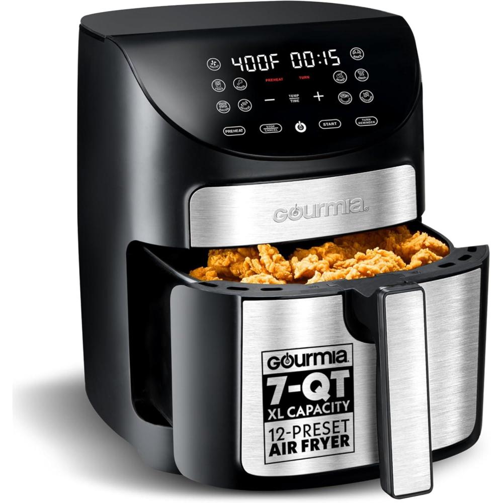 Gourmia Air Fryer – 7 Qt Large Capacity, FryForce 360º, Digital Display with 12 Presets, Roast, Bake, Broil, Dehydrate, Dishwasher Safe Accessories, Black(Black/Stianless Steel)