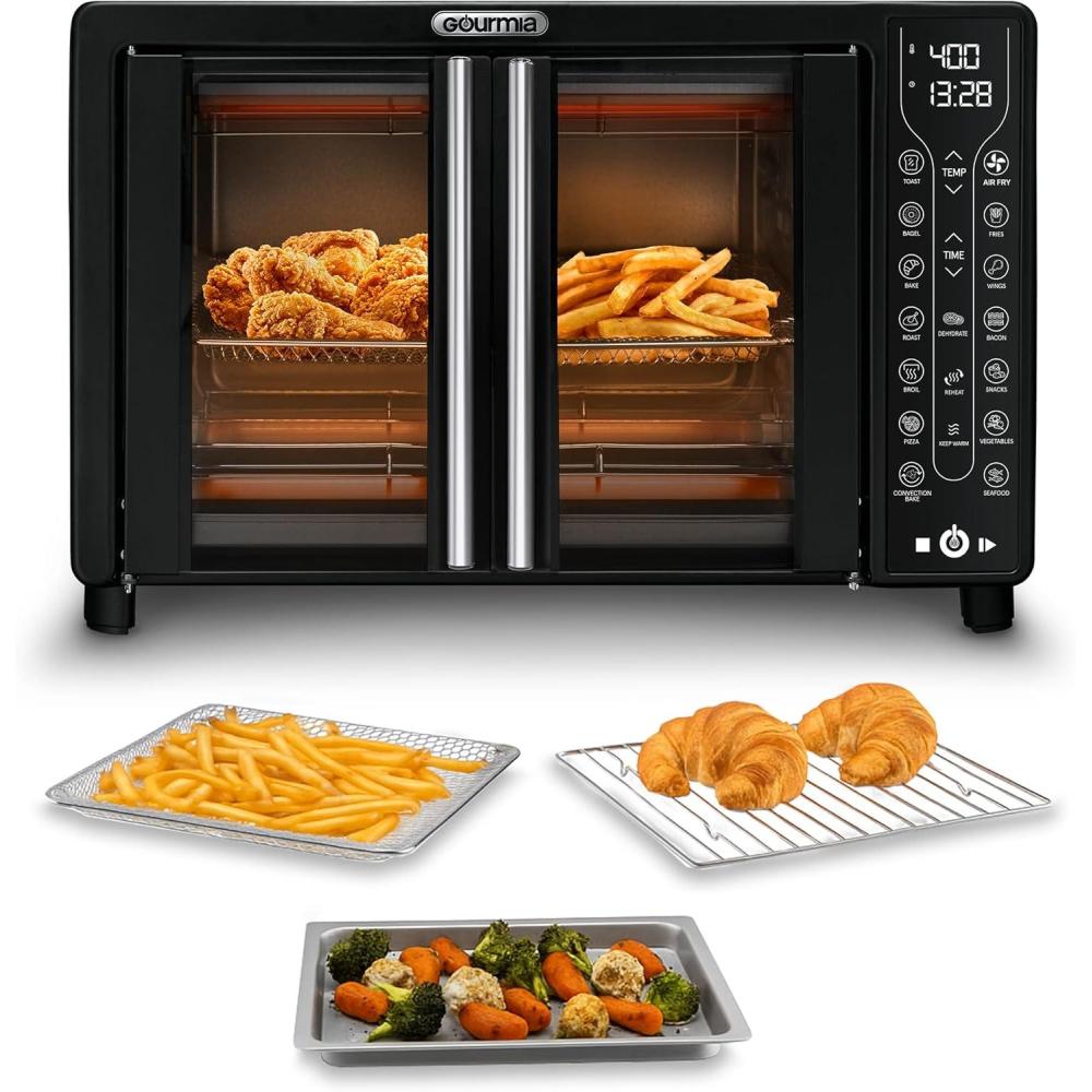 Gourmia French Door Air Fryer – 25 Qt Large Capacity Convection Oven, Fryforce 360°, Digital Display with 17 Cooking Presets, Bake, Toast, Roast, Dehydrate, Fits 12 Pizza(Black)