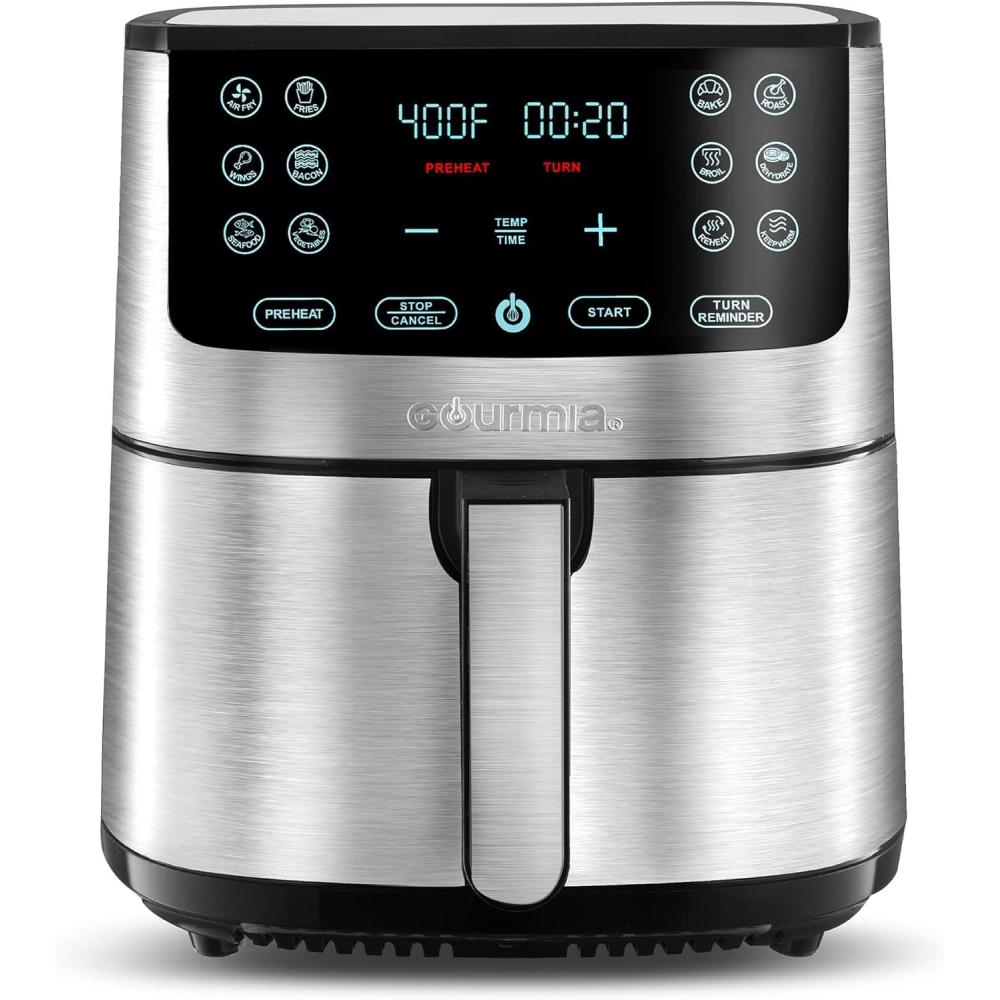 Gourmia Air Fryer – 7 Qt Large Capacity, FryForce 360º, Digital Display with 12 Presets, Roast, Bake, Broil, Dehydrate, Dishwasher Safe Accessories, Black(Stainless Steel Silver)