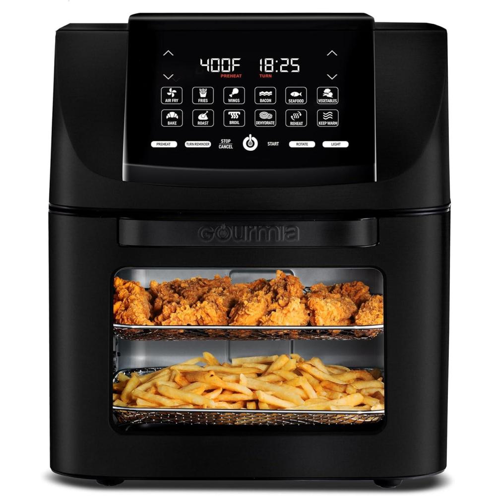 Gourmia Air Fryer – 14 Qt All-in-One Oven with Rotisserie, Digital Display with 12 Presets, Roast, Bake, Broil, Dehydrate, Dishwasher Safe Accessories, Black(Black)