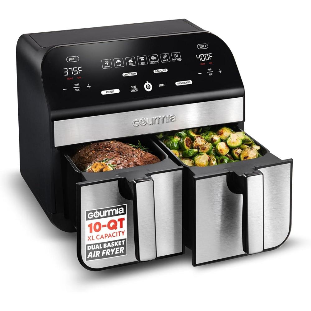 Gourmia Dual Basket Air Fryer – 10 Qt Large Capacity, FryForce360º, Digital Display with 7 Presets, Roast, Bake, Broil, Dehydrate, Match Cook, Sync Finish, Dishwasher Safe Accessories, Black