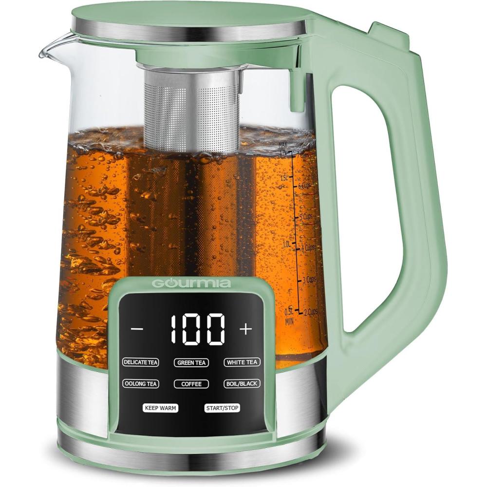 Gourmia Electric Programmable Glass Kettle – 1.7L Temperature Control Tea & Coffee Kettle with Digital Touch Display, 6 Presets, Keep Warm, Removable Stainless Steel Infuser, 360° Swivel Base – Black(Green)