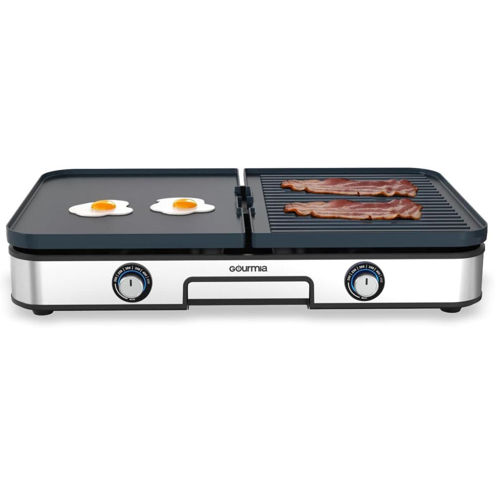 Gourmia 3-in-1 Indoor Grill & Griddle Electric Combo – Dual Independent Cooking Zones, Reversible Nonstick Ceramic Plates, XL Cooking Surface, 250–400°F Adjustable Temp, Dishwasher Safe