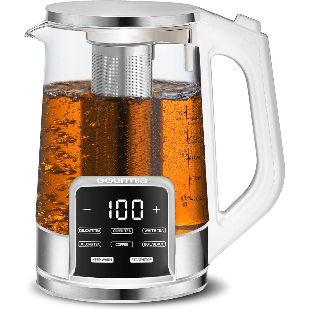 Gourmia Electric Programmable Glass Kettle – 1.7L Temperature Control Tea & Coffee Kettle with Digital Touch Display, 6 Presets, Keep Warm, Removable Stainless Steel Infuser, 360° Swivel Base – Black(White)