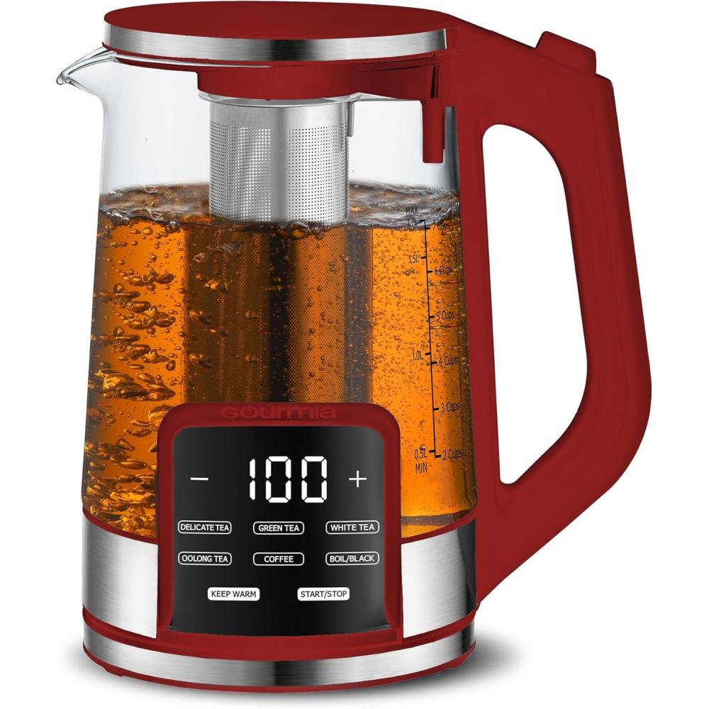 Gourmia Electric Programmable Glass Kettle – 1.7L Temperature Control Tea & Coffee Kettle with Digital Touch Display, 6 Presets, Keep Warm, Removable Stainless Steel Infuser, 360° Swivel Base – Black(Red)