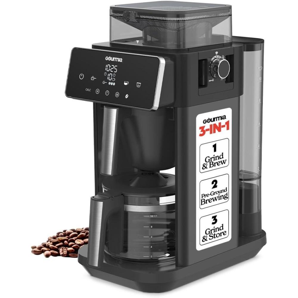 Gourmia 10 Cup Grind & Brew Coffee Maker – Built-In Burr Grinder, 3 Brew Strengths, Programmable Digital Display, Pause & Serve, Keep Warm, Auto Shut Off, Black