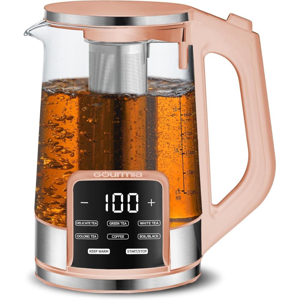 Gourmia Electric Programmable Glass Kettle – 1.7L Temperature Control Tea & Coffee Kettle with Digital Touch Display, 6 Presets, Keep Warm, Removable Stainless Steel Infuser, 360° Swivel Base – Black(Peach)