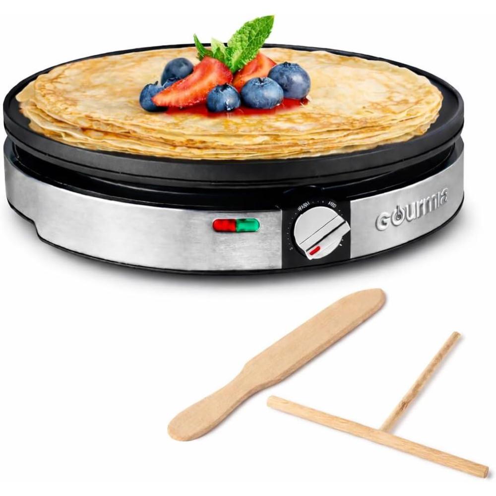 Gourmia 12 Crepe Maker – Nonstick Electric Griddle for Pancakes, Omelets & More, Precise Temp Control with Indicator Lights, Includes Spatula & Batter Spreader, Quick Cleanup, Stainless Steel Trim
