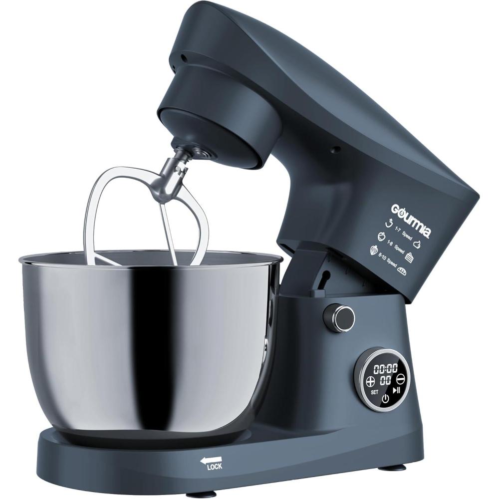 Gourmia 5 Quart Digital Electric Stand Mixer with Attachments, Bowl Shield, Dough Hook, Whisk and Beater – LED Display Timer – 10 Speed Kitchen Countertop Dough Maker Machine for Bread, Cake, Cookies